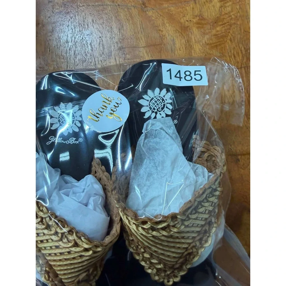 Yellow Box Womens 8 Woven Straw Platform Wedge Thong Sandals Tan Black Boho